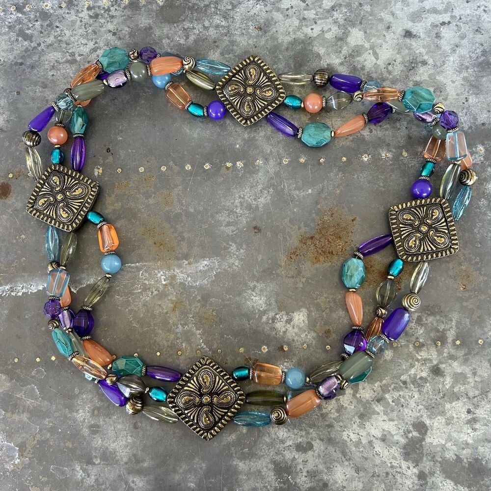 Coldwater Creek Beaded Belt Multi-Colored Brass Toned Boho Chain Belt Gem Stones